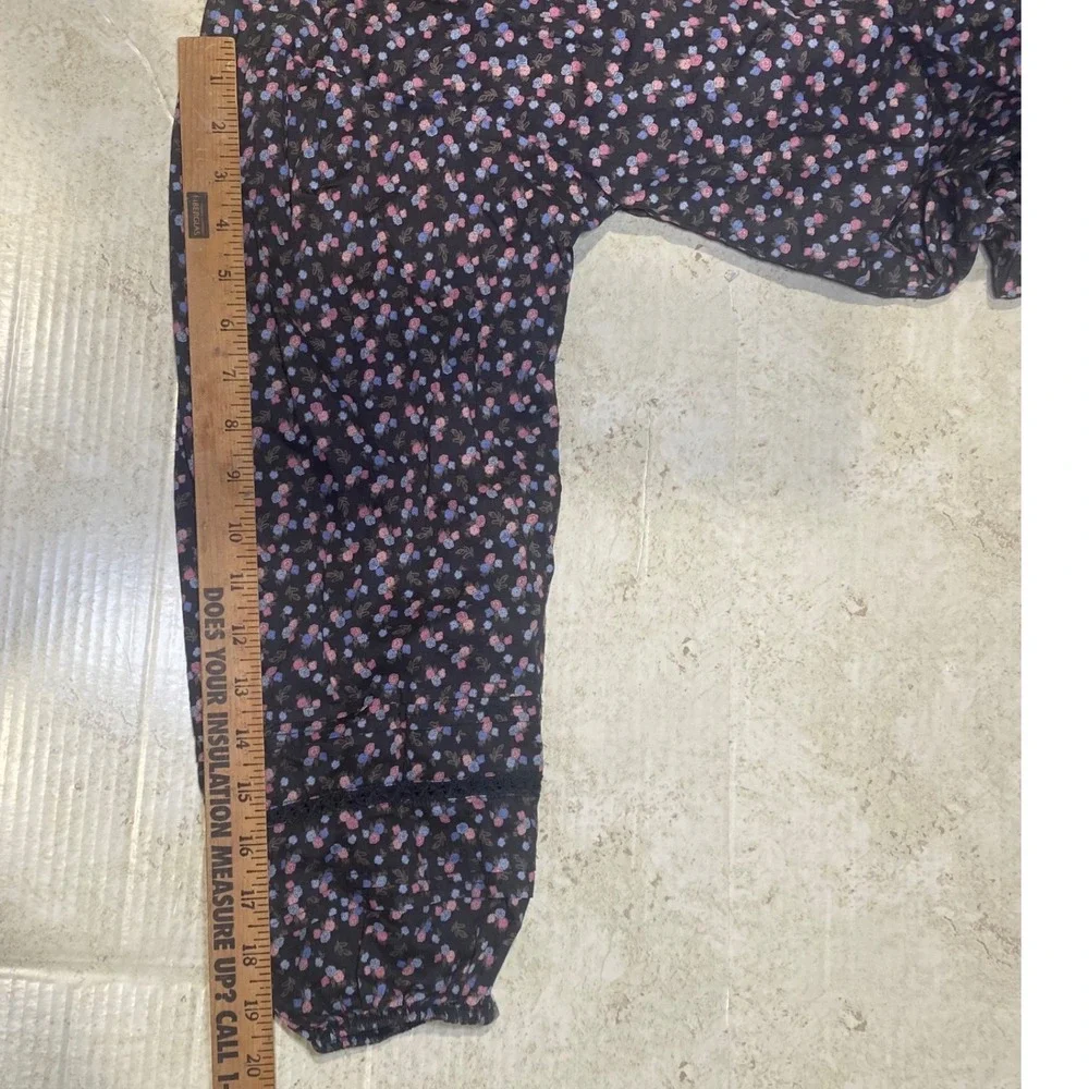 Lucky Brand Womens Ditsy Floral Button Front Blouse Cotton Lace Trim Black Small - Picture 6 of 8